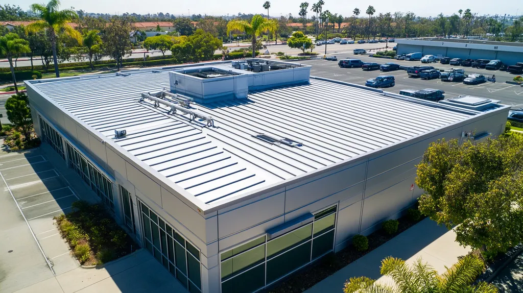 A commercial roof on a call center in a location similar to San Diego with a stainless steel aesthetic (AI image)