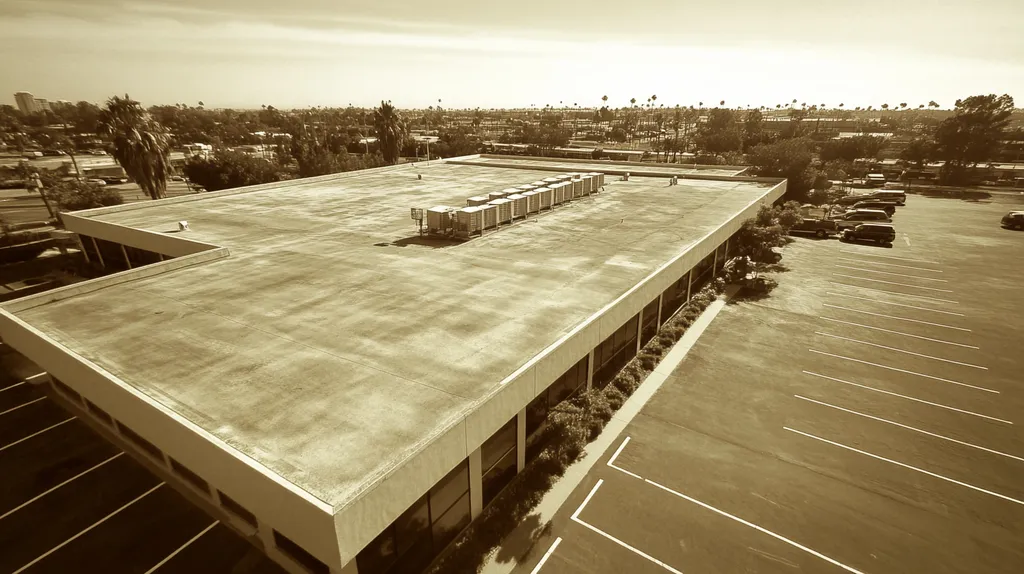 A commercial roof on a call center in a location similar to San Diego with a tintype aesthetic (AI image)
