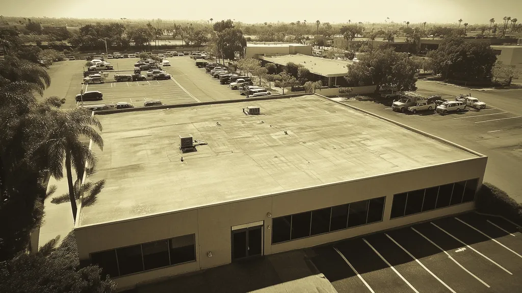 A commercial roof on a call center in a location similar to San Diego with a tintype aesthetic (AI image)