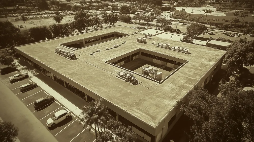 A commercial roof on a call center in a location similar to San Diego with a tintype aesthetic (AI image)