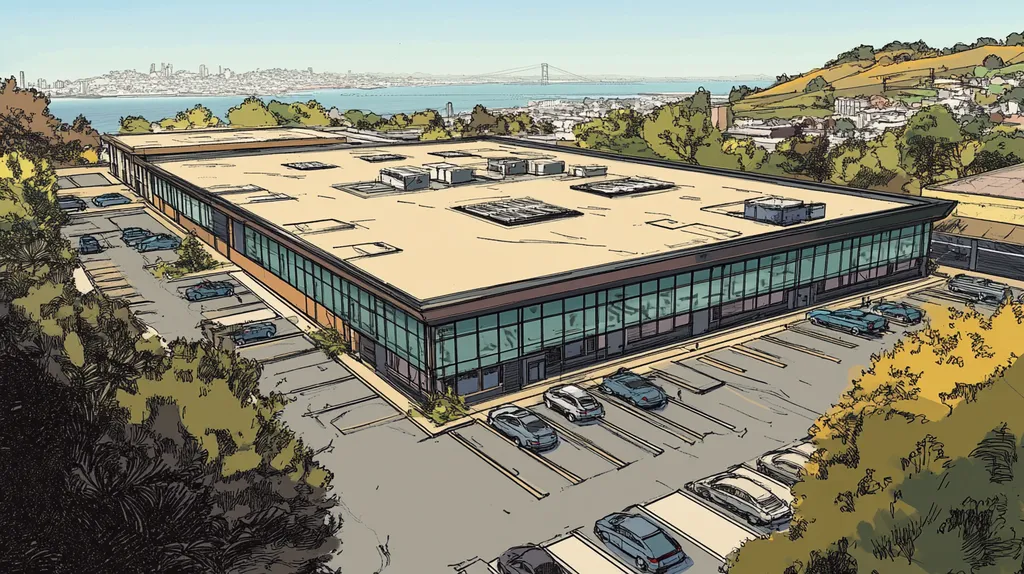 A commercial roof on a call center in a location similar to San Francisco with a comic book style aesthetic (AI image)