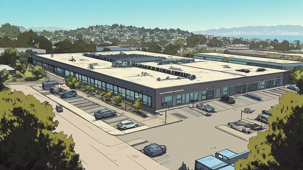 A commercial roof on a call center in a location similar to San Francisco with a comic book style aesthetic (AI image)
