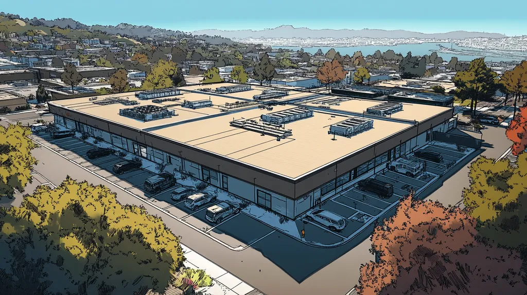 A commercial roof on a call center in a location similar to San Francisco with a comic book style aesthetic (AI image)