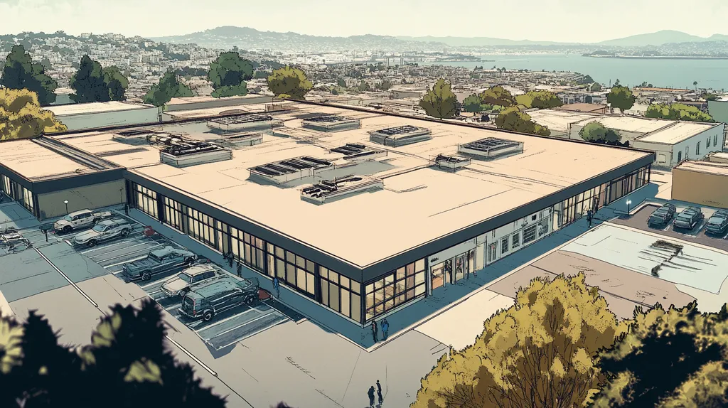 A commercial roof on a call center in a location similar to San Francisco with a comic book style aesthetic (AI image)