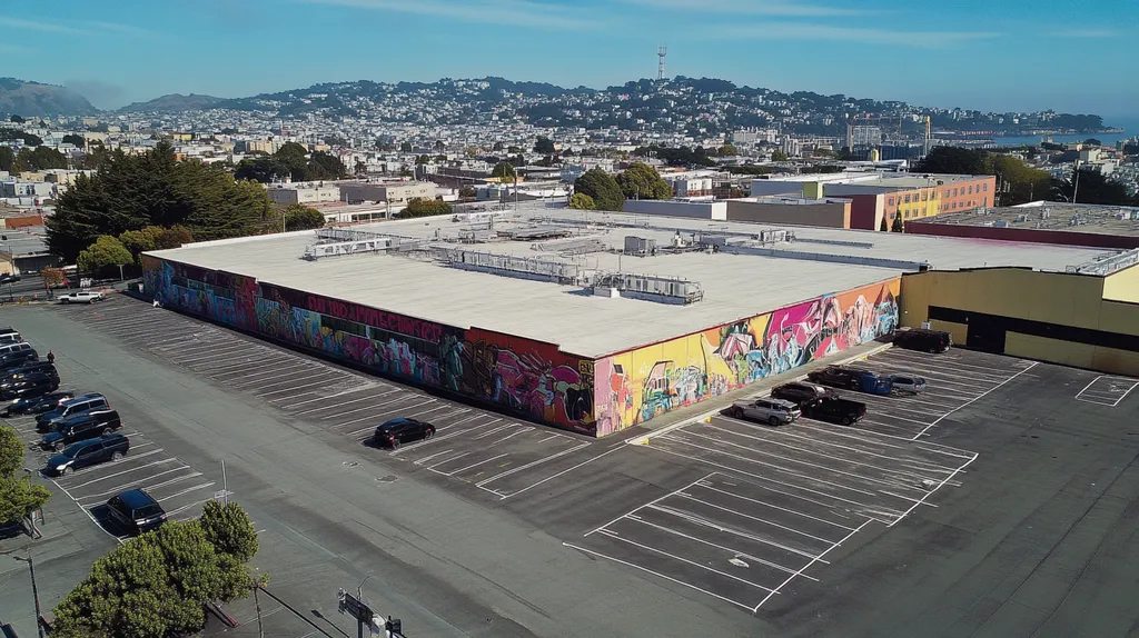 A commercial roof on a call center in a location similar to San Francisco with a graffiti mural aesthetic (AI image)