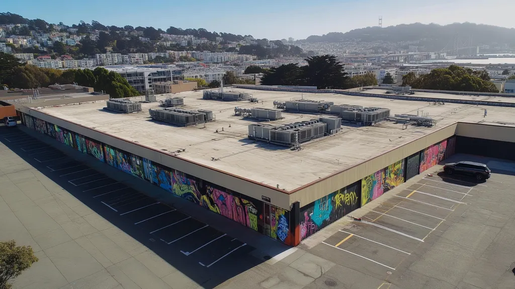 A commercial roof on a call center in a location similar to San Francisco with a graffiti mural aesthetic (AI image)