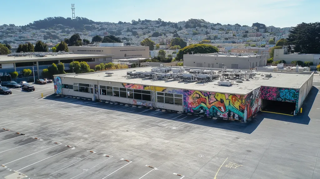 A commercial roof on a call center in a location similar to San Francisco with a graffiti mural aesthetic (AI image)