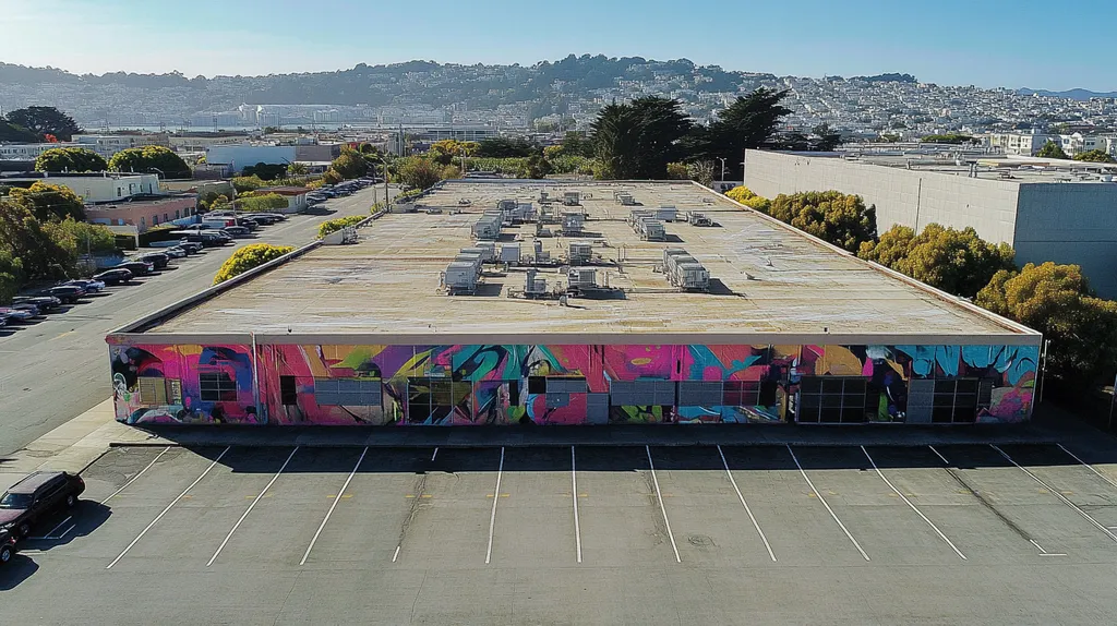 A commercial roof on a call center in a location similar to San Francisco with a graffiti mural aesthetic (AI image)