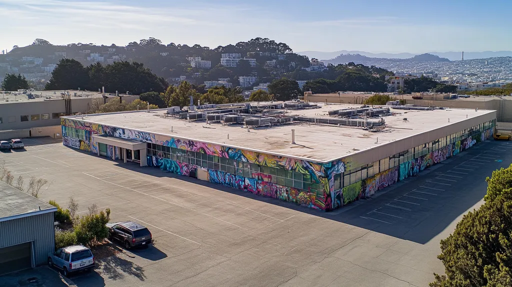 A commercial roof on a call center in a location similar to San Francisco with a graffiti mural aesthetic (AI image)
