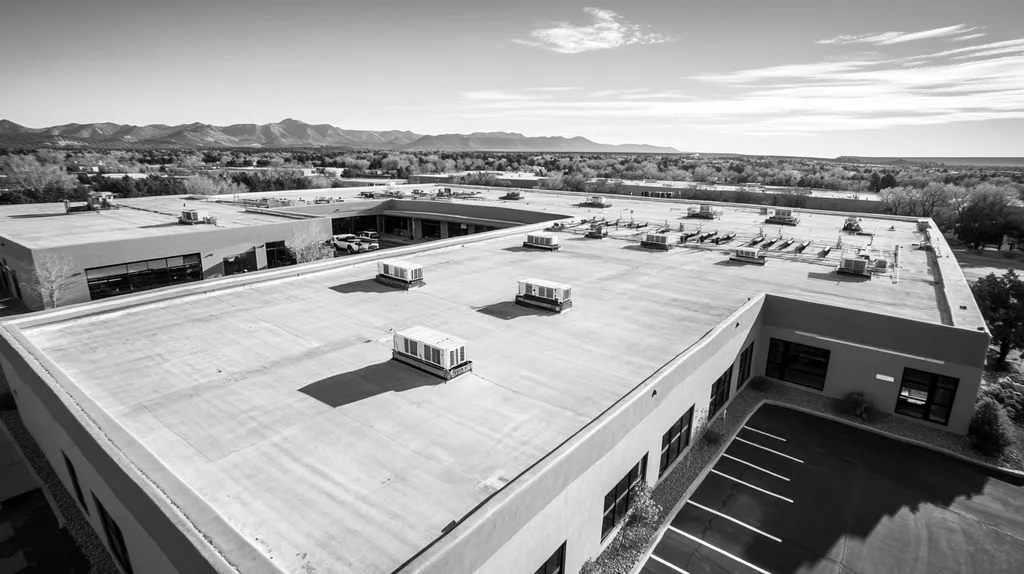 A commercial roof on a call center in a location similar to Santa Fe with a black and white photography aesthetic (AI image)