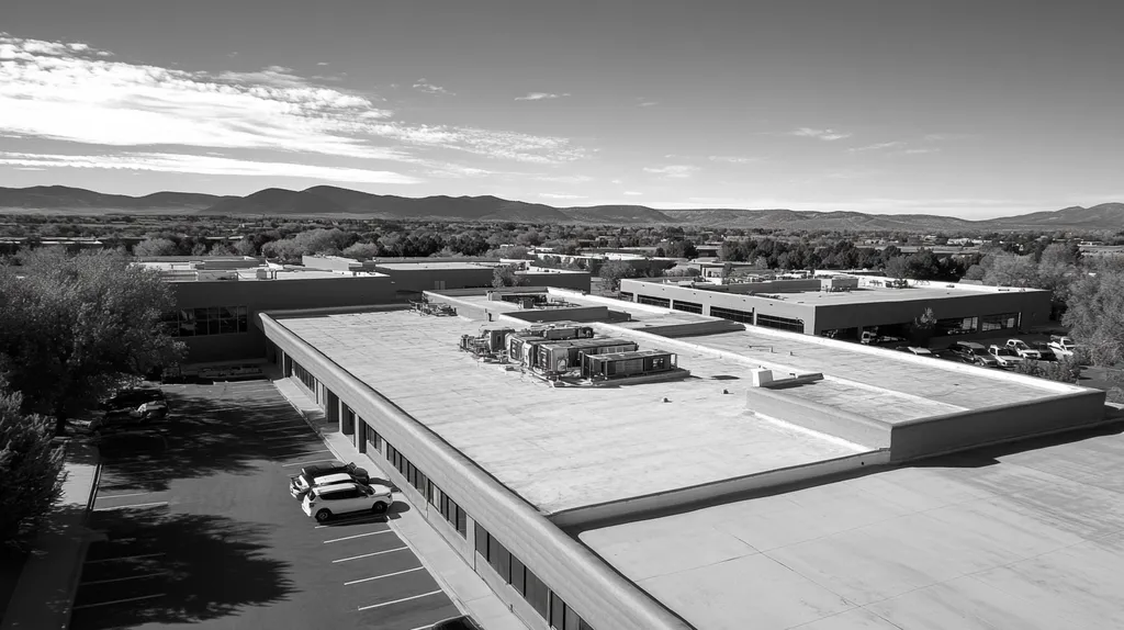 A commercial roof on a call center in a location similar to Santa Fe with a black and white photography aesthetic (AI image)