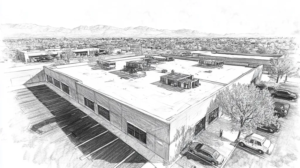 A commercial roof on a call center in a location similar to Santa Fe with a charcoal sketch aesthetic (AI image)