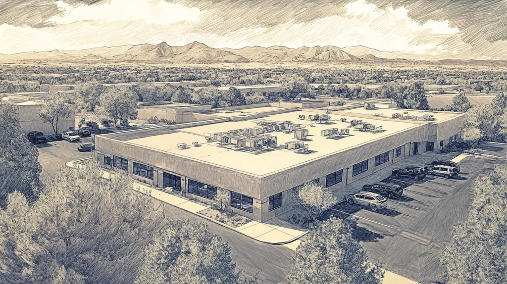 A commercial roof on a call center in a location similar to Santa Fe with a charcoal sketch aesthetic (AI image)