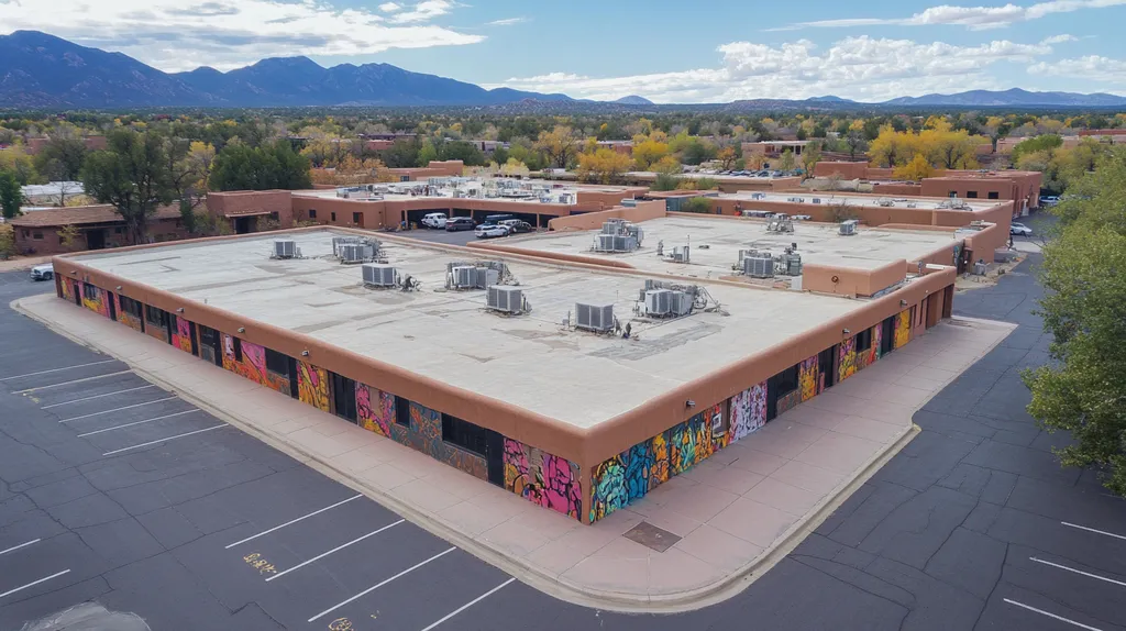A commercial roof on a call center in a location similar to Santa Fe with a graffiti mural aesthetic (AI image)