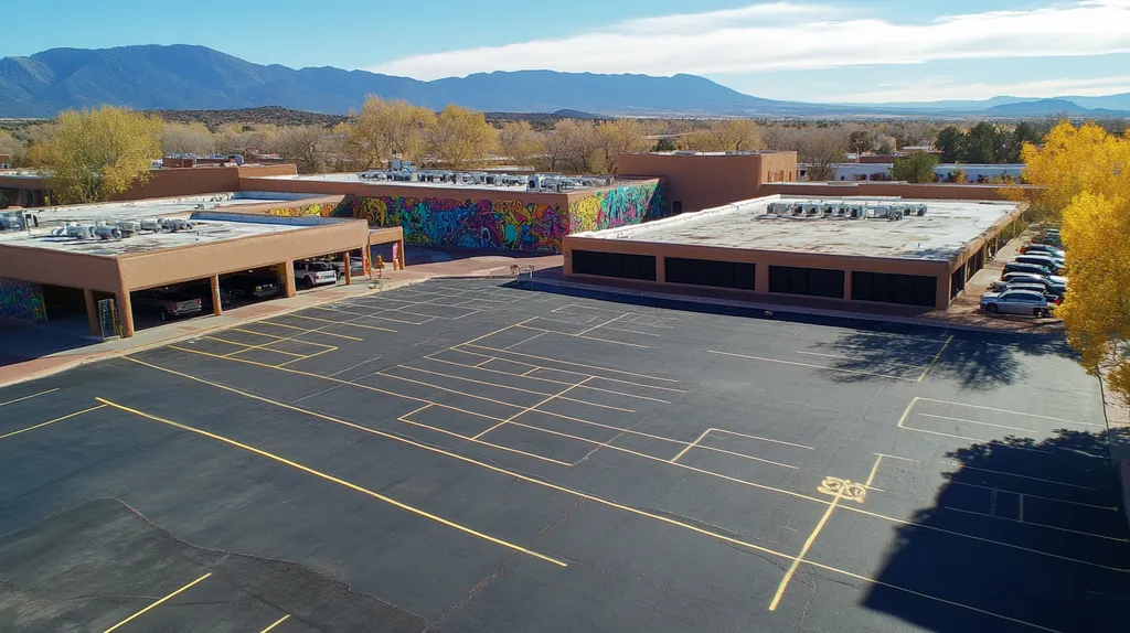 A commercial roof on a call center in a location similar to Santa Fe with a graffiti mural aesthetic (AI image)