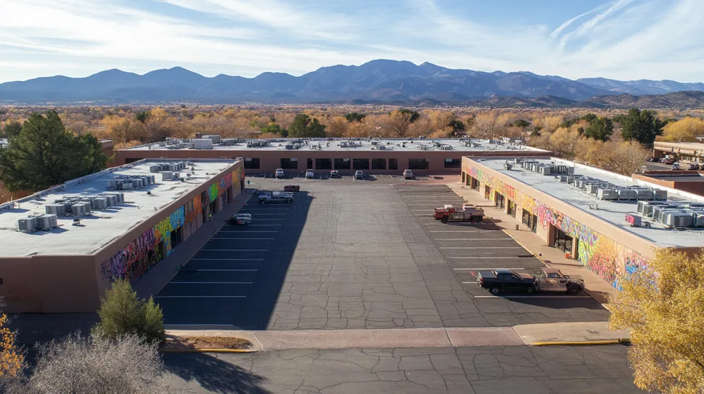A commercial roof on a call center in a location similar to Santa Fe with a graffiti mural aesthetic (AI image)