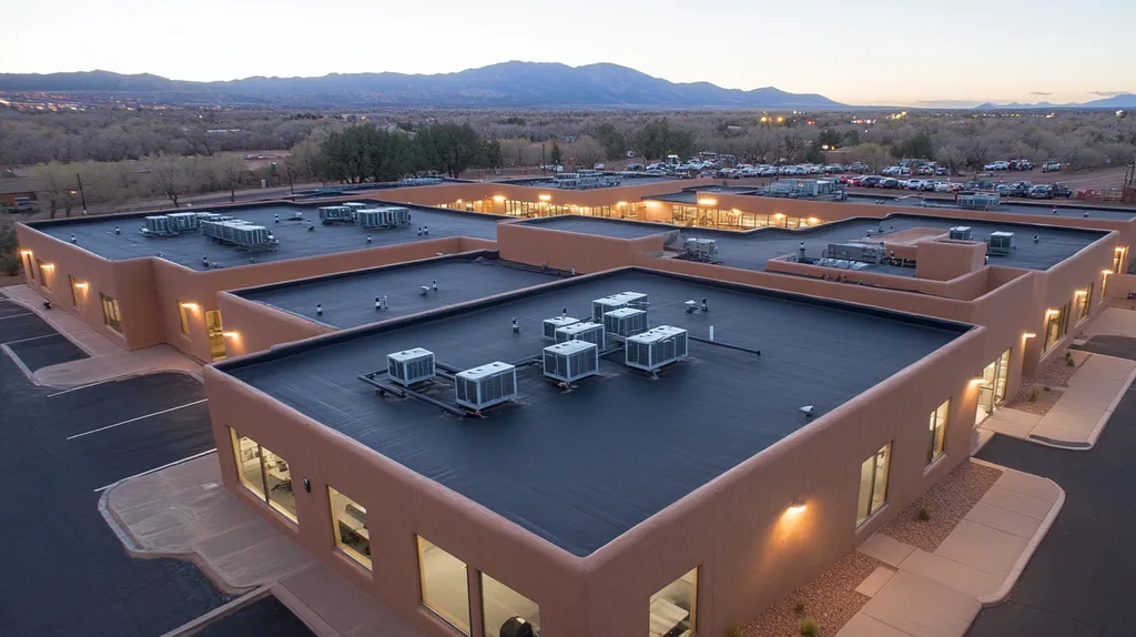 A commercial roof on a call center in a location similar to Santa Fe with an illuminated nightscape aesthetic (AI image)