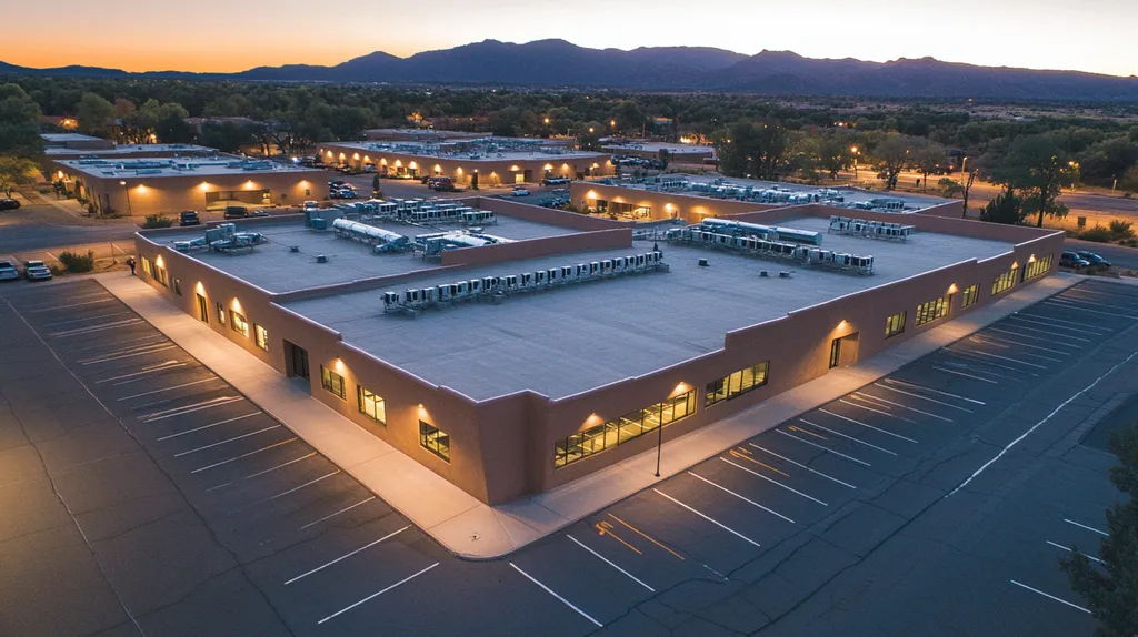 A commercial roof on a call center in a location similar to Santa Fe with an illuminated nightscape aesthetic (AI image)