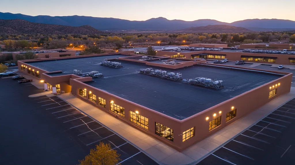 A commercial roof on a call center in a location similar to Santa Fe with an illuminated nightscape aesthetic (AI image)