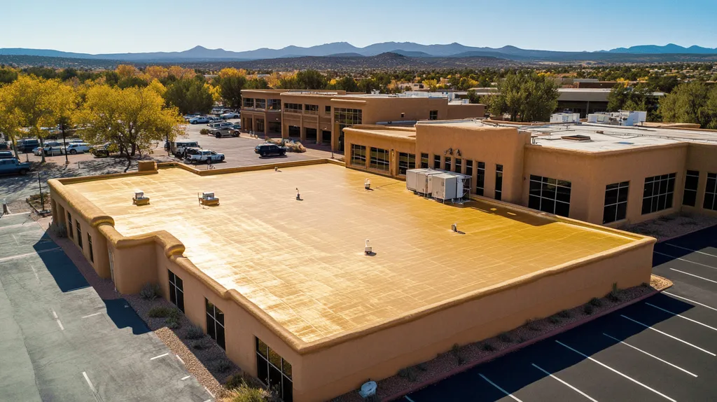 A commercial roof on a call center in a location similar to Santa Fe with a solid gold aesthetic (AI image)