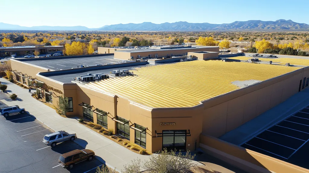 A commercial roof on a call center in a location similar to Santa Fe with a solid gold aesthetic (AI image)