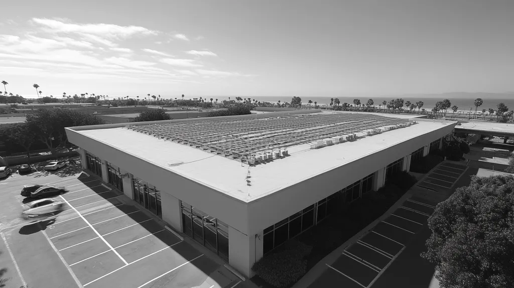 A commercial roof on a call center in a location similar to Santa Monica with a black and white photography aesthetic (AI image)