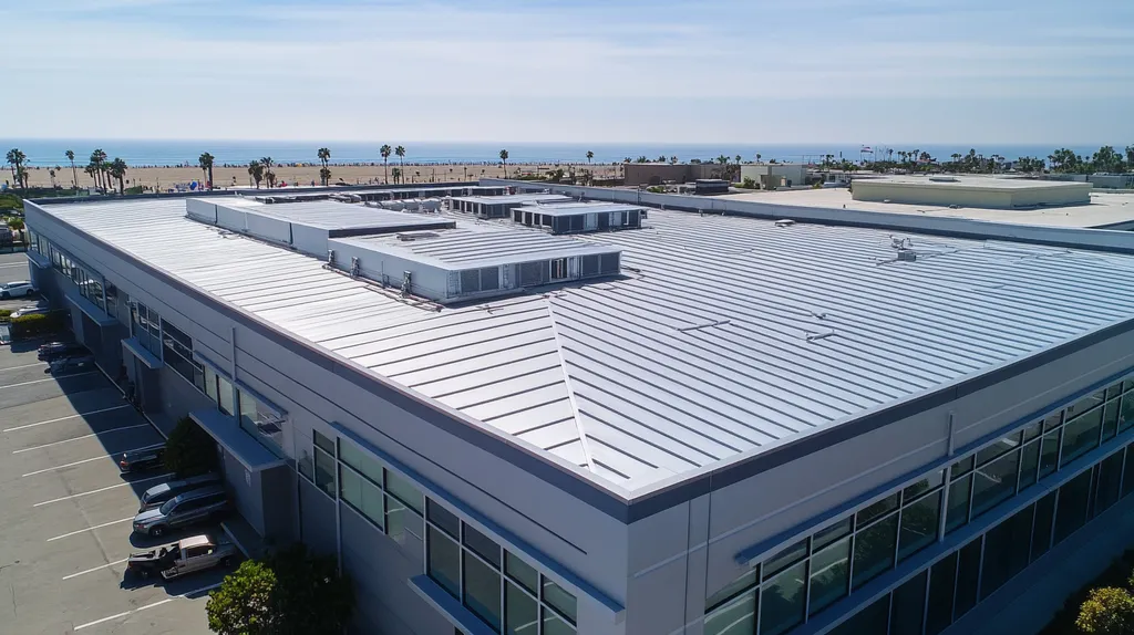 A commercial roof on a call center in a location similar to Santa Monica with a stainless steel aesthetic (AI image)
