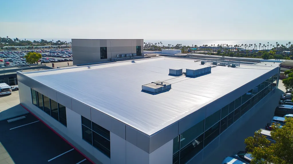 A commercial roof on a call center in a location similar to Santa Monica with a stainless steel aesthetic (AI image)