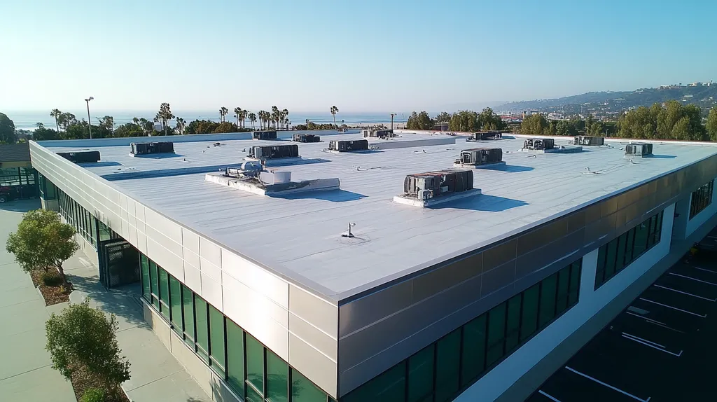 A commercial roof on a call center in a location similar to Santa Monica with a stainless steel aesthetic (AI image)