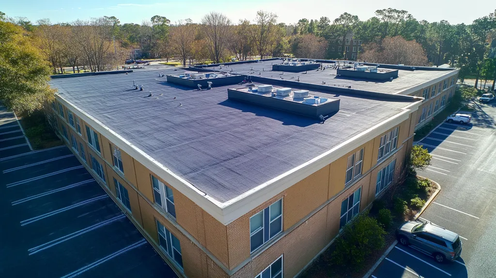 A commercial roof on a call center in a location similar to Savannah with an architectural photography aesthetic (AI image)