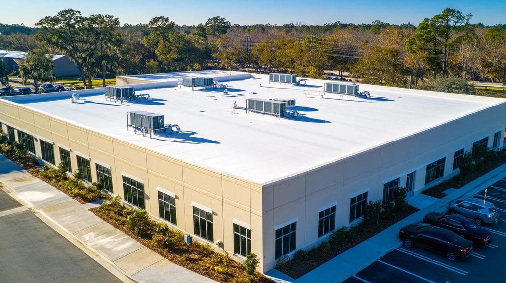A commercial roof on a call center in a location similar to Savannah with an architectural photography aesthetic (AI image)