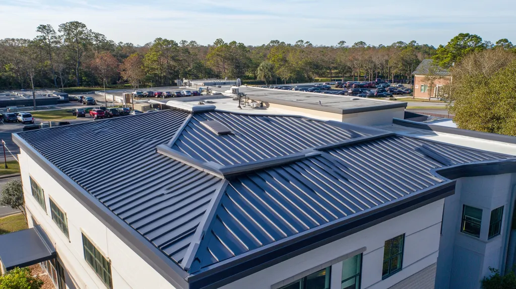 A commercial roof on a call center in a location similar to Savannah with a futuristic aesthetic (AI image)