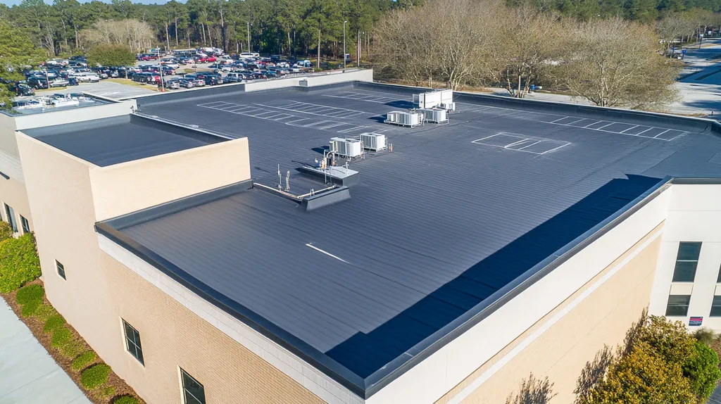 A commercial roof on a call center in a location similar to Savannah with a futuristic aesthetic (AI image)