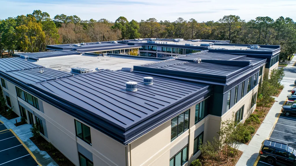 A commercial roof on a call center in a location similar to Savannah with a futuristic aesthetic (AI image)