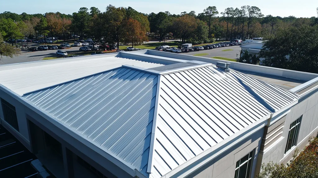 A commercial roof on a call center in a location similar to Savannah with a futuristic aesthetic (AI image)