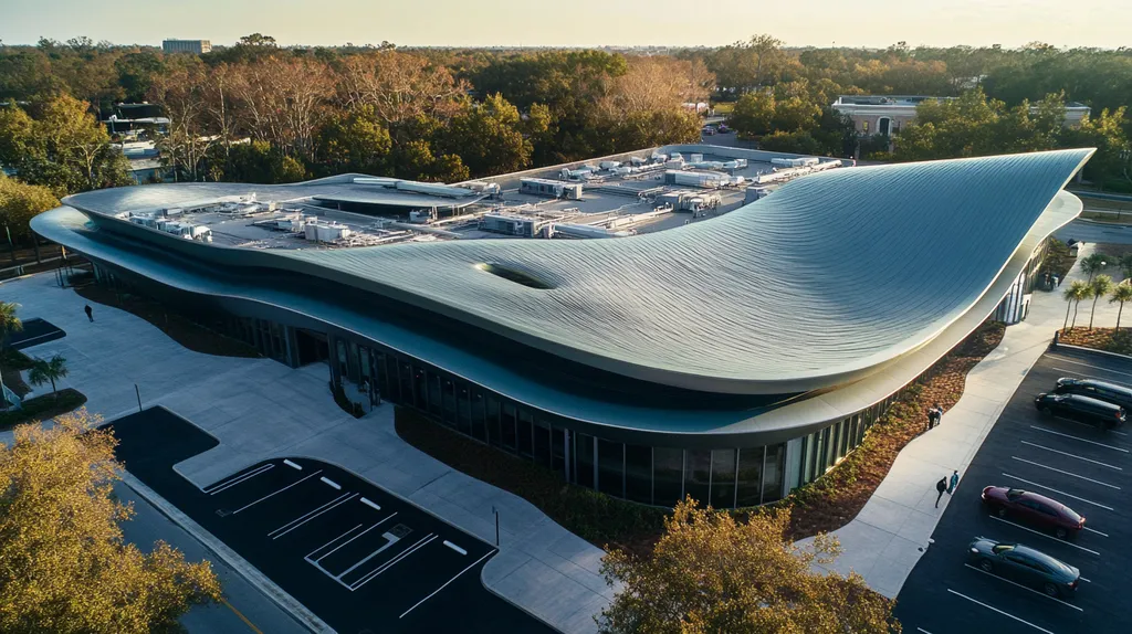 A commercial roof on a call center in a location similar to Savannah with a futuristic aesthetic (AI image)
