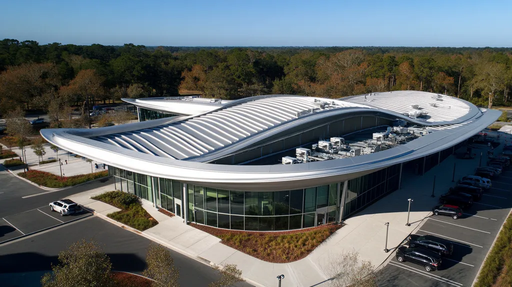 A commercial roof on a call center in a location similar to Savannah with a futuristic aesthetic (AI image)