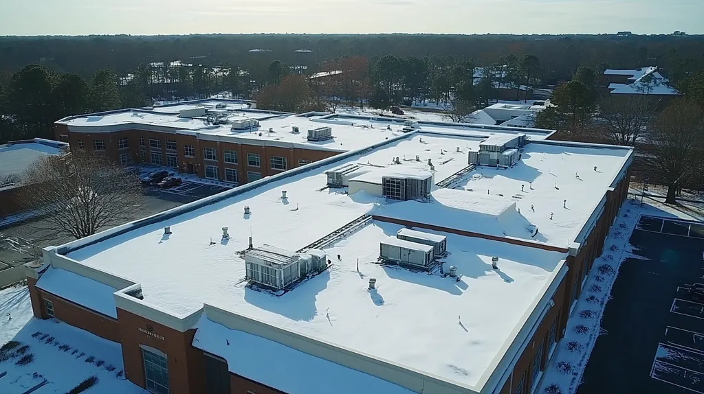 A commercial roof on a call center in a location similar to Savannah with a snowy day aesthetic (AI image)