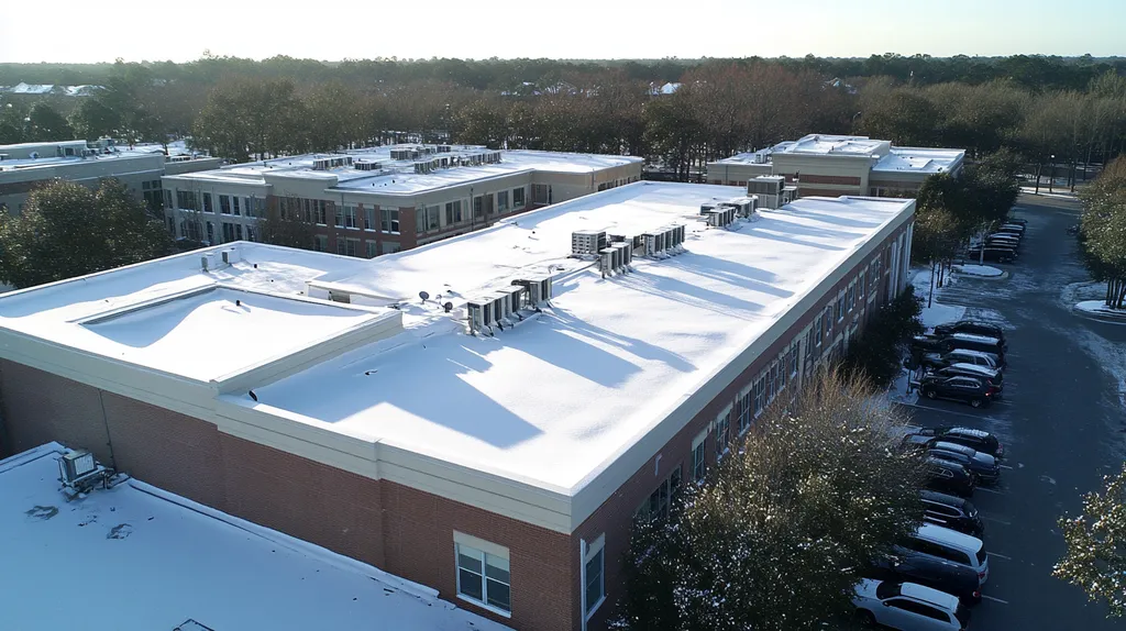 A commercial roof on a call center in a location similar to Savannah with a snowy day aesthetic (AI image)