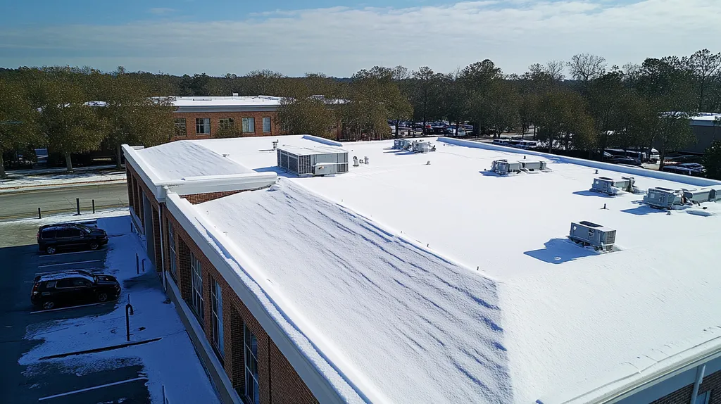 A commercial roof on a call center in a location similar to Savannah with a snowy day aesthetic (AI image)