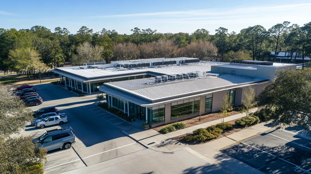A commercial roof on a call center in a location similar to Savannah with a stainless steel aesthetic (AI image)