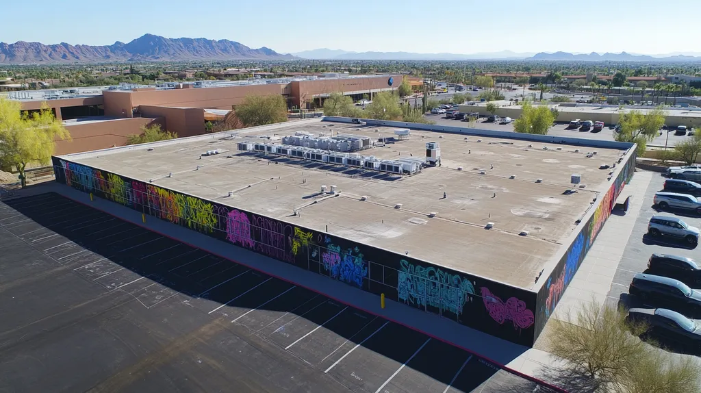 A commercial roof on a call center in a location similar to Scottsdale with a graffiti mural aesthetic (AI image)