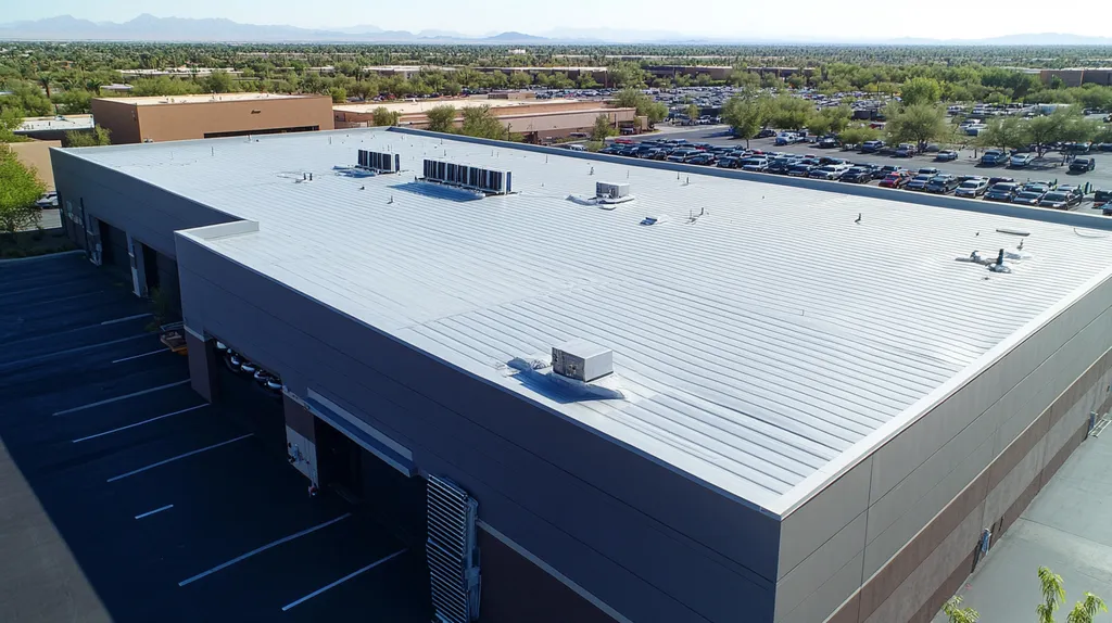 A commercial roof on a call center in a location similar to Scottsdale with a stainless steel aesthetic (AI image)