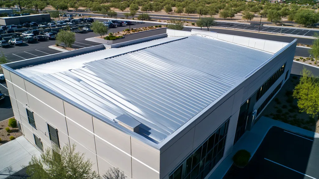 A commercial roof on a call center in a location similar to Scottsdale with a stainless steel aesthetic (AI image)