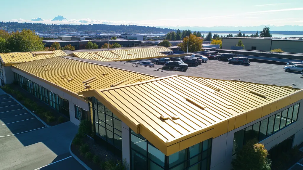 A commercial roof on a call center in a location similar to Seattle with a solid gold aesthetic (AI image)