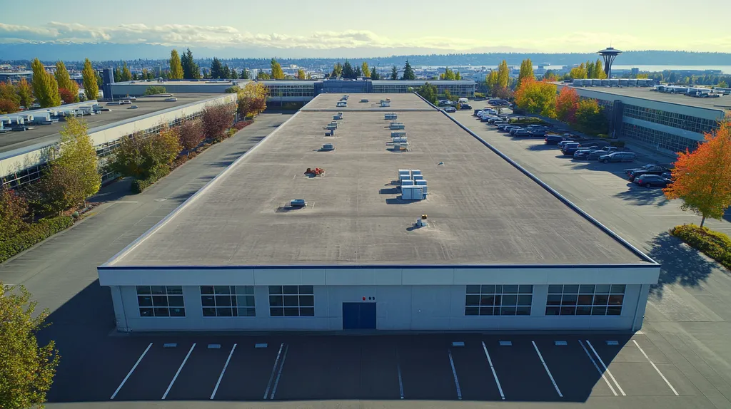 A commercial roof on a call center in a location similar to Seattle with an urban context aesthetic (AI image)