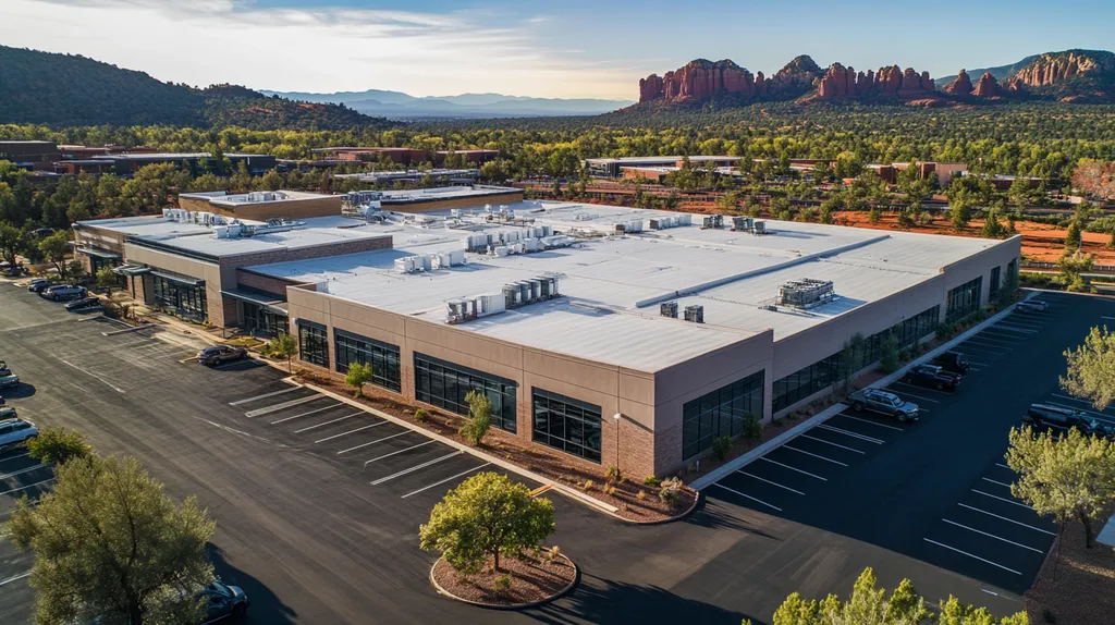 A commercial roof on a call center in a location similar to Sedona with an architectural photography aesthetic (AI image)
