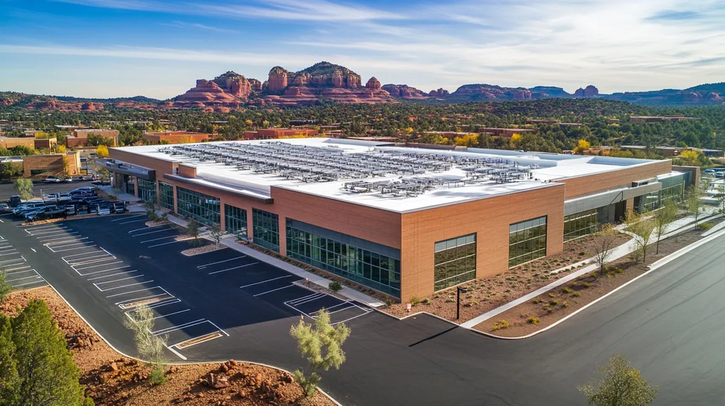 A commercial roof on a call center in a location similar to Sedona with an architectural photography aesthetic (AI image)