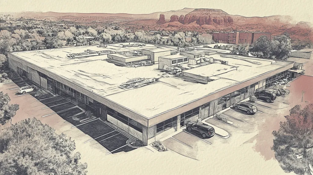 A commercial roof on a call center in a location similar to Sedona with a charcoal sketch aesthetic (AI image)