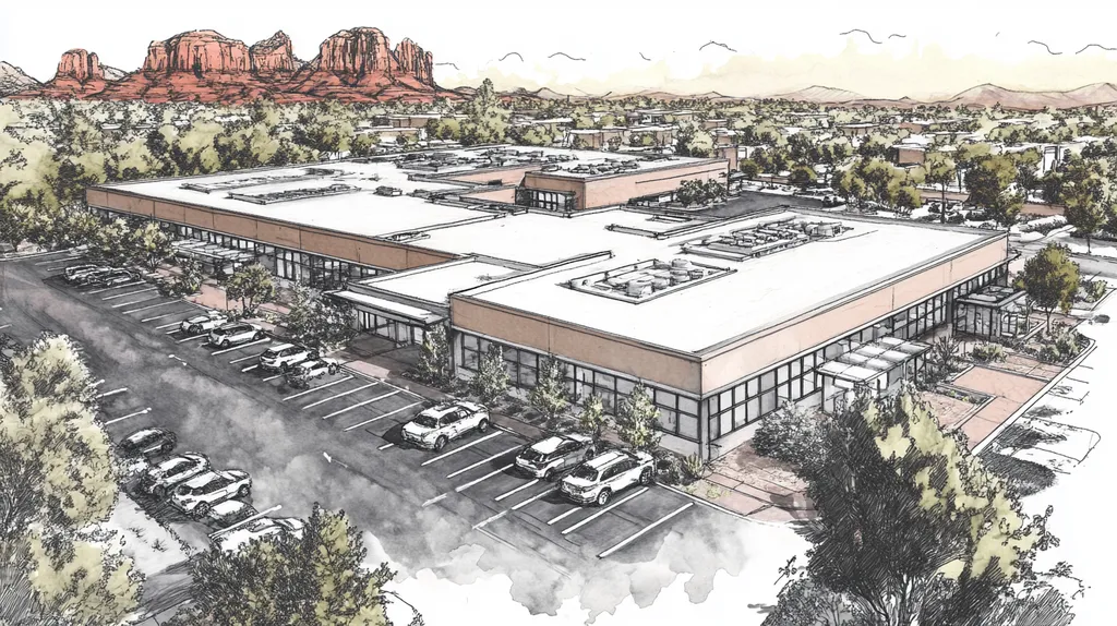 A commercial roof on a call center in a location similar to Sedona with a charcoal sketch aesthetic (AI image)